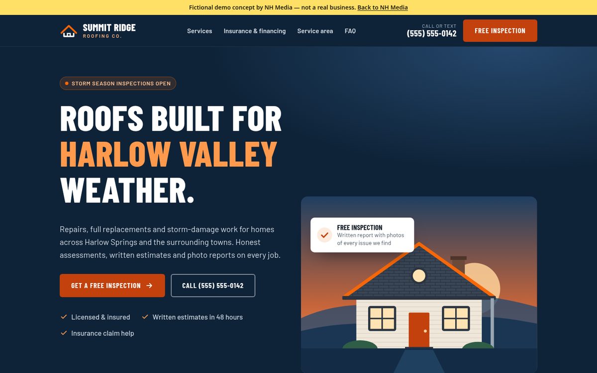 Homepage of a fictional roofing company demo